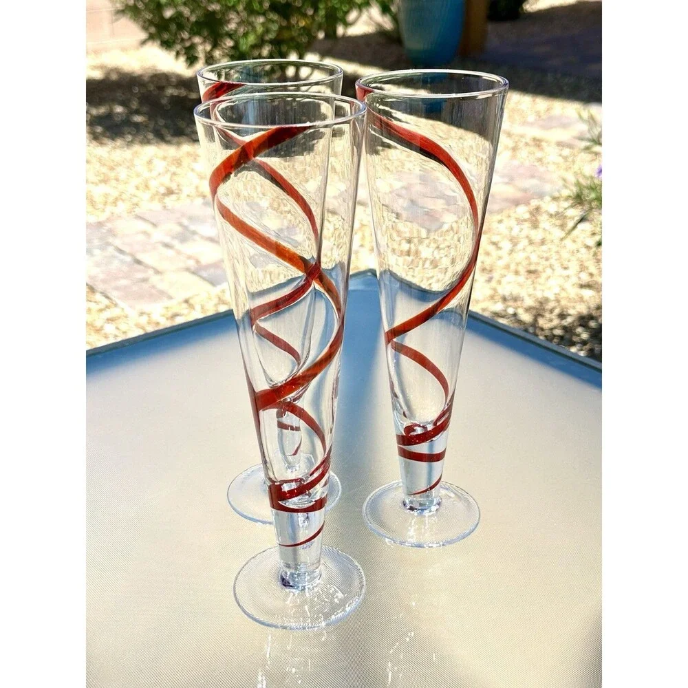 3 Pier 1 Imports Red Swirline Ribbon Swirl Red Pilsner Beer Fluted Glasses Tall